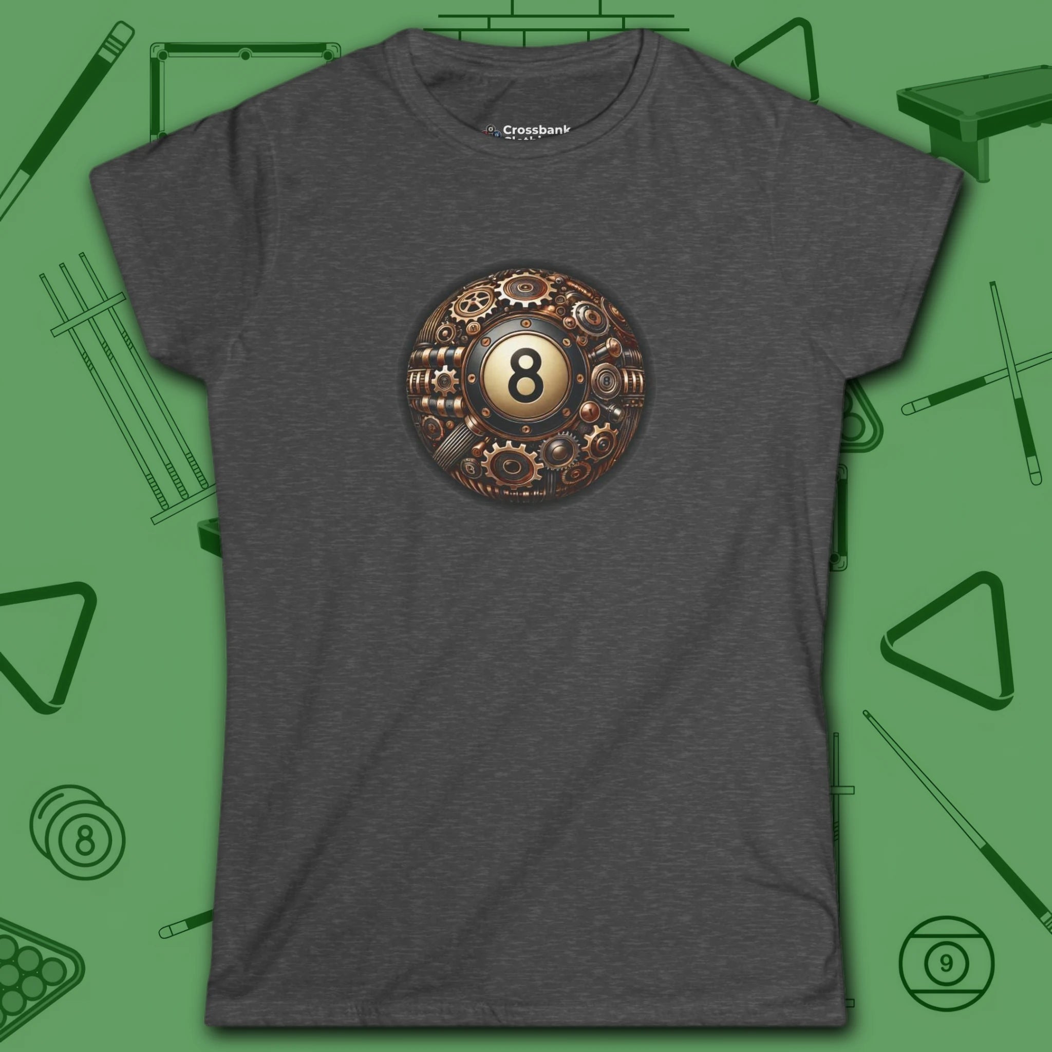 Clockwork Eight Women's Tee, in Dark Heather color, billiards shirt, front view