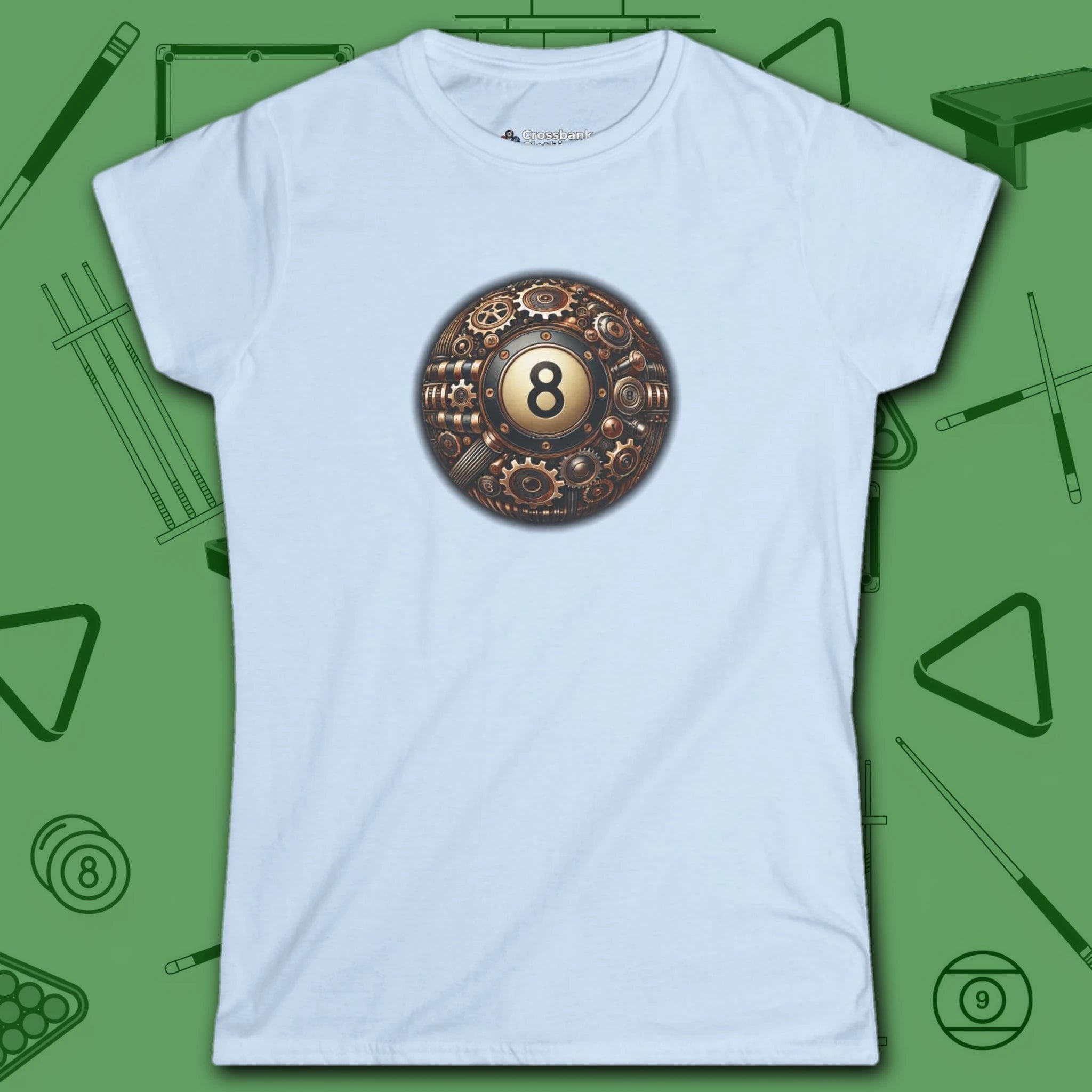 Clockwork Eight Women's Tee, in Light Blue color, billiards shirt, front view