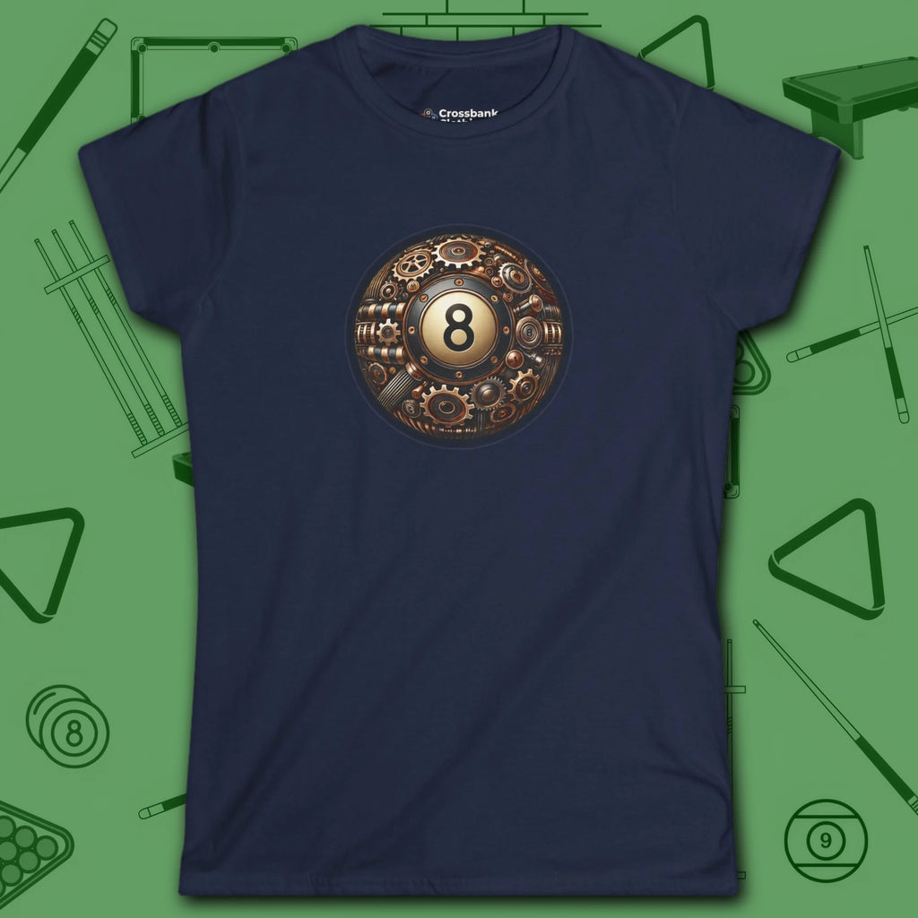 Clockwork Eight Women's Tee, in Navy color, billiards shirt, front view