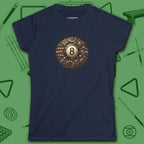 Clockwork Eight Women's Tee, in Navy color, billiards shirt, front view