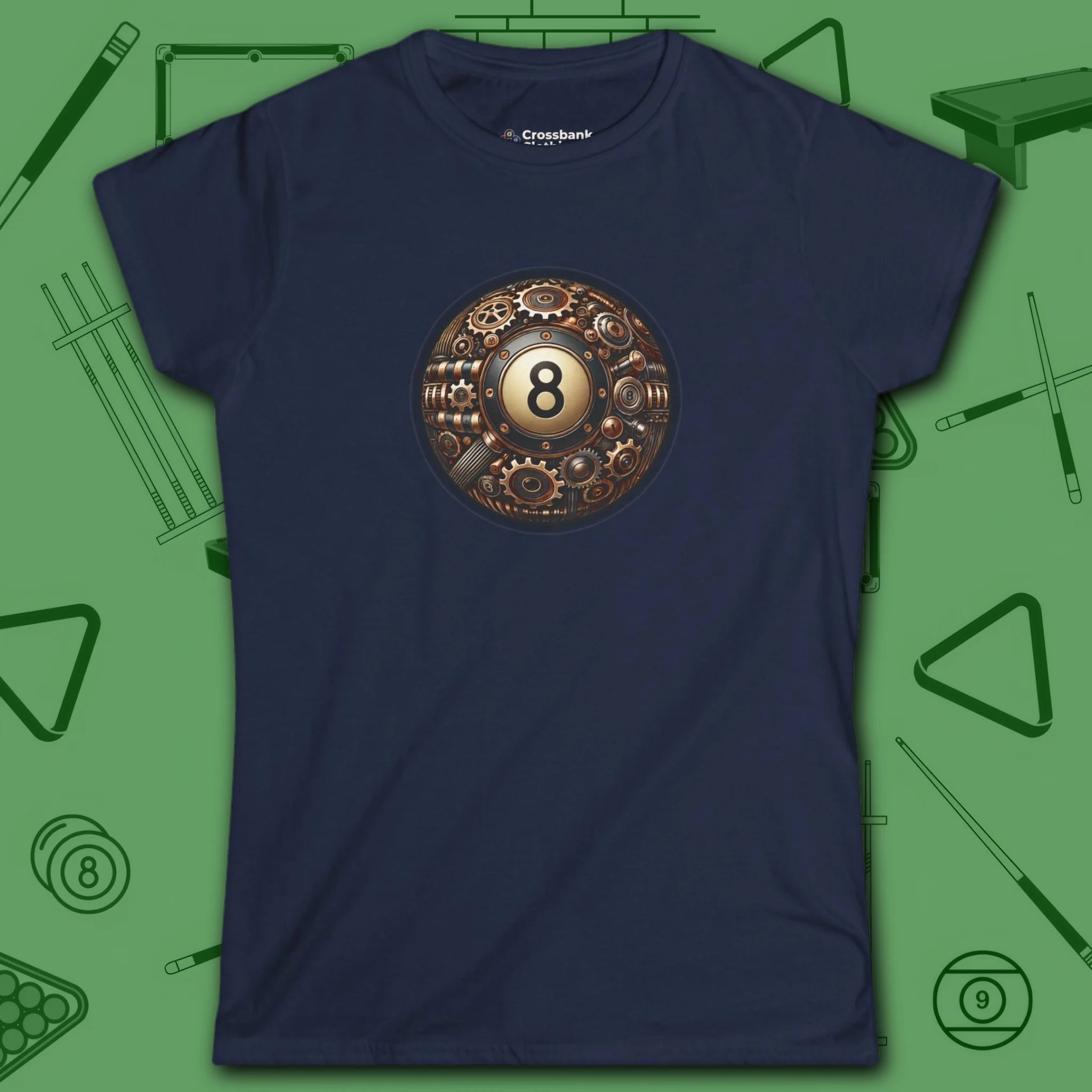 Clockwork Eight Women's Tee, in Navy color, billiards shirt, front view