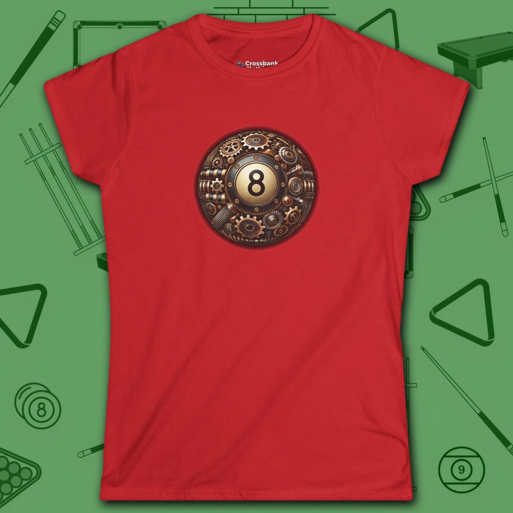 Clockwork Eight Women's Tee, in Red color, billiards shirt, front view