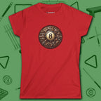 Clockwork Eight Women's Tee, in Red color, billiards shirt, front view