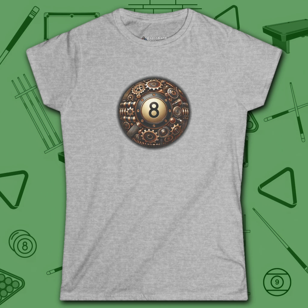 Clockwork Eight Women's Tee, in Sport Grey color, billiards shirt, front view