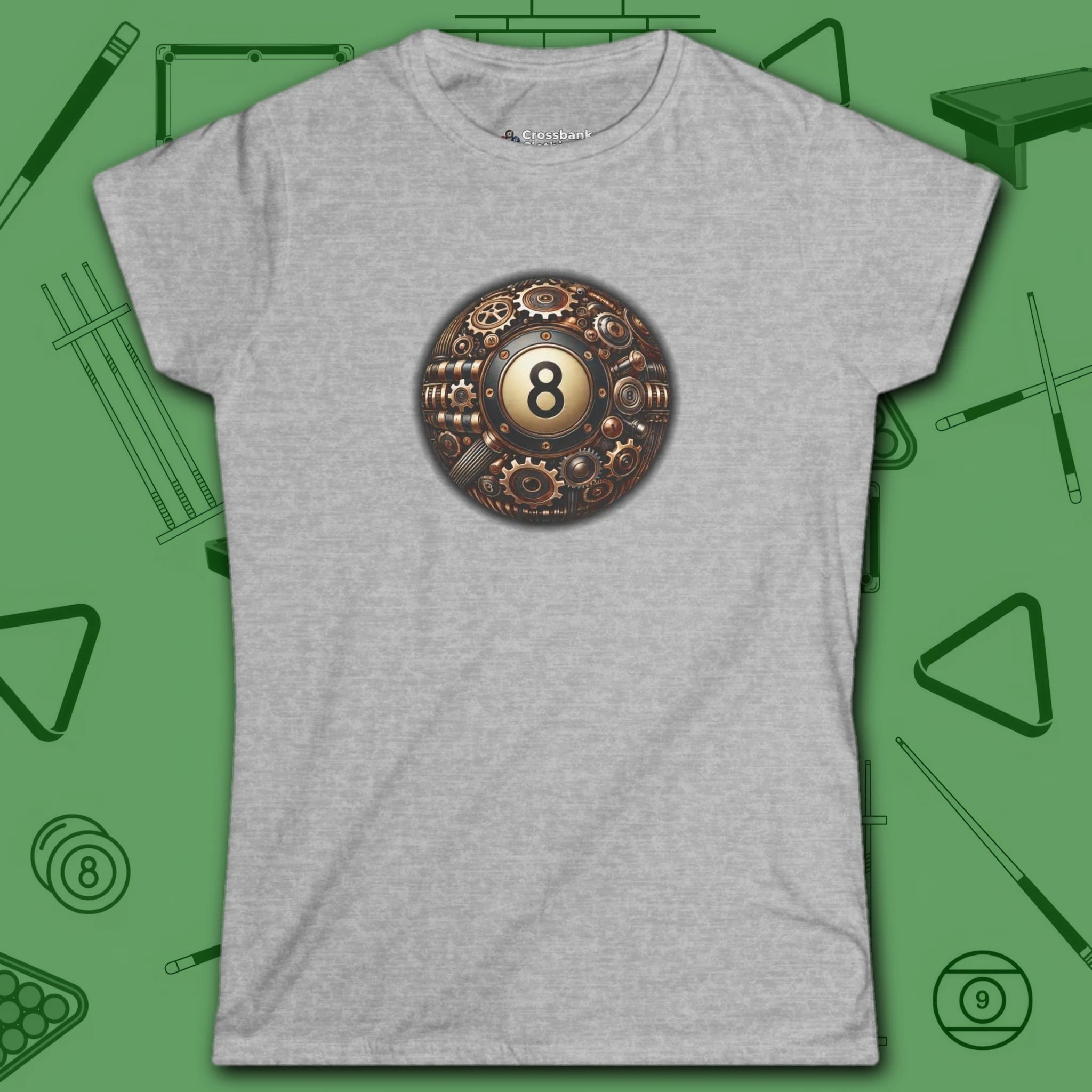 Clockwork Eight Women's Tee, in Sport Grey color, billiards shirt, front view