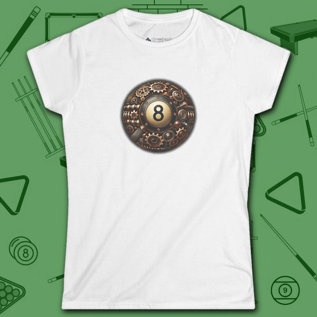 Clockwork Eight Women's Tee, in White color, billiards shirt, front view