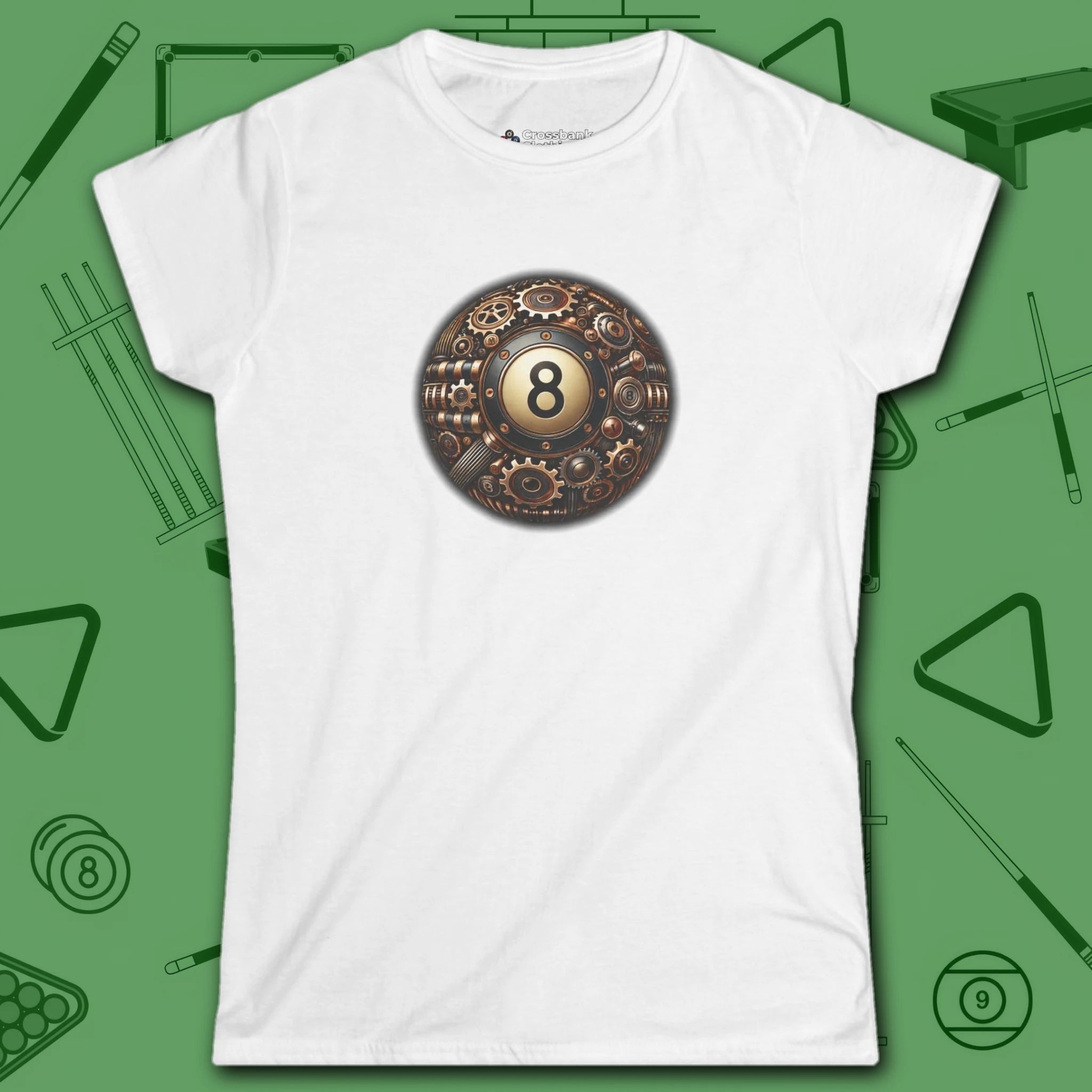 Clockwork Eight Women's Tee, in White color, billiards shirt, front view