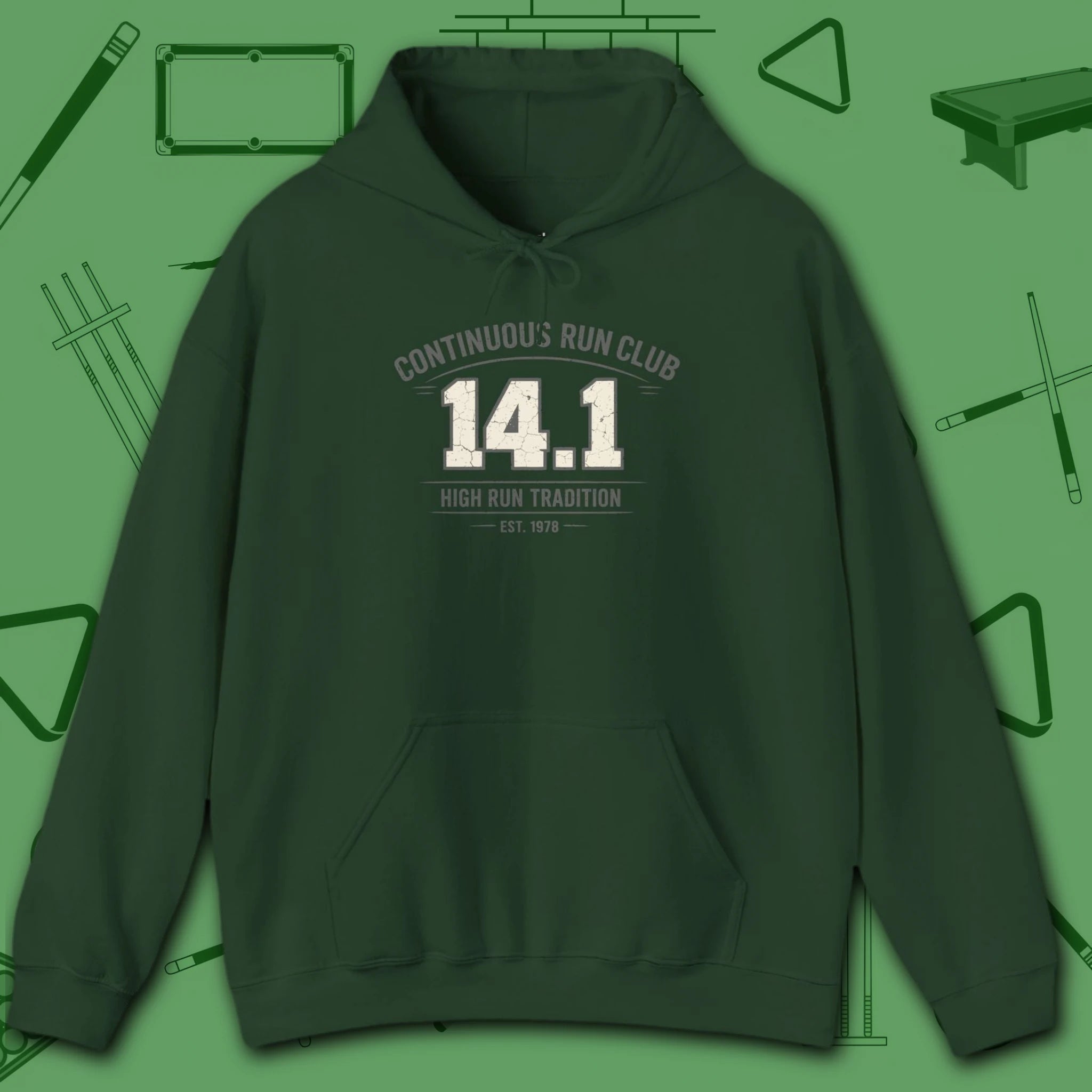 Continuous Run Club Hoodie, in Forest Green color, billiards hoodie, front view