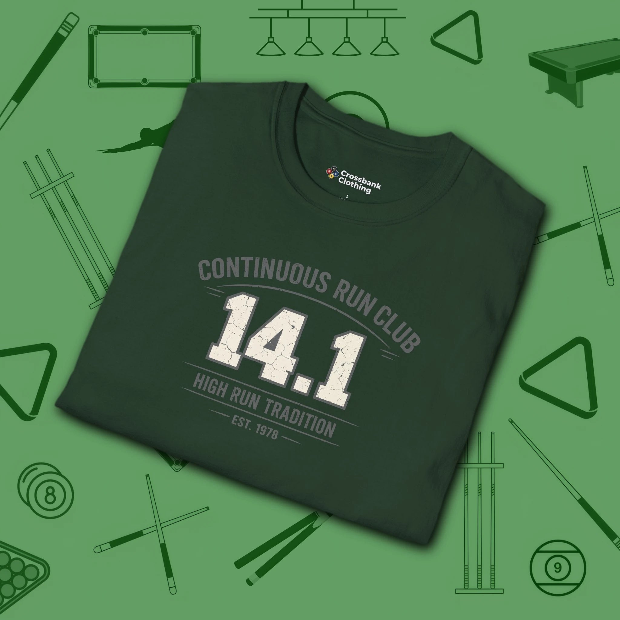 Continuous Run Club T-Shirt, in Forest Green color, billiards shirt, folded view