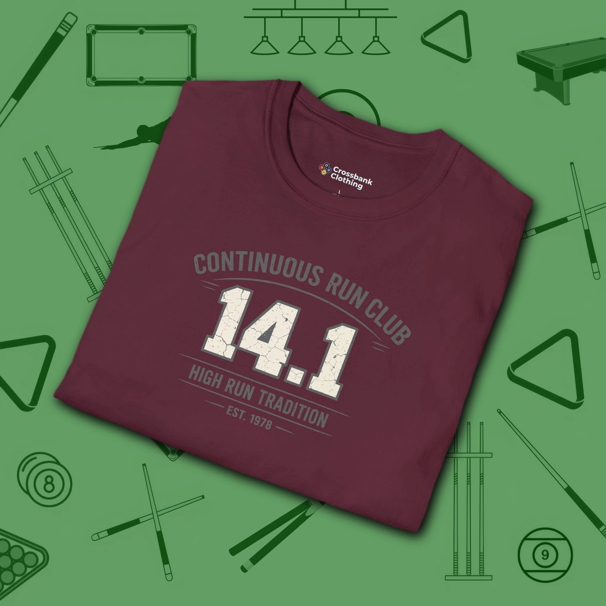 Continuous Run Club T-Shirt, in Maroon color, billiards shirt, folded view