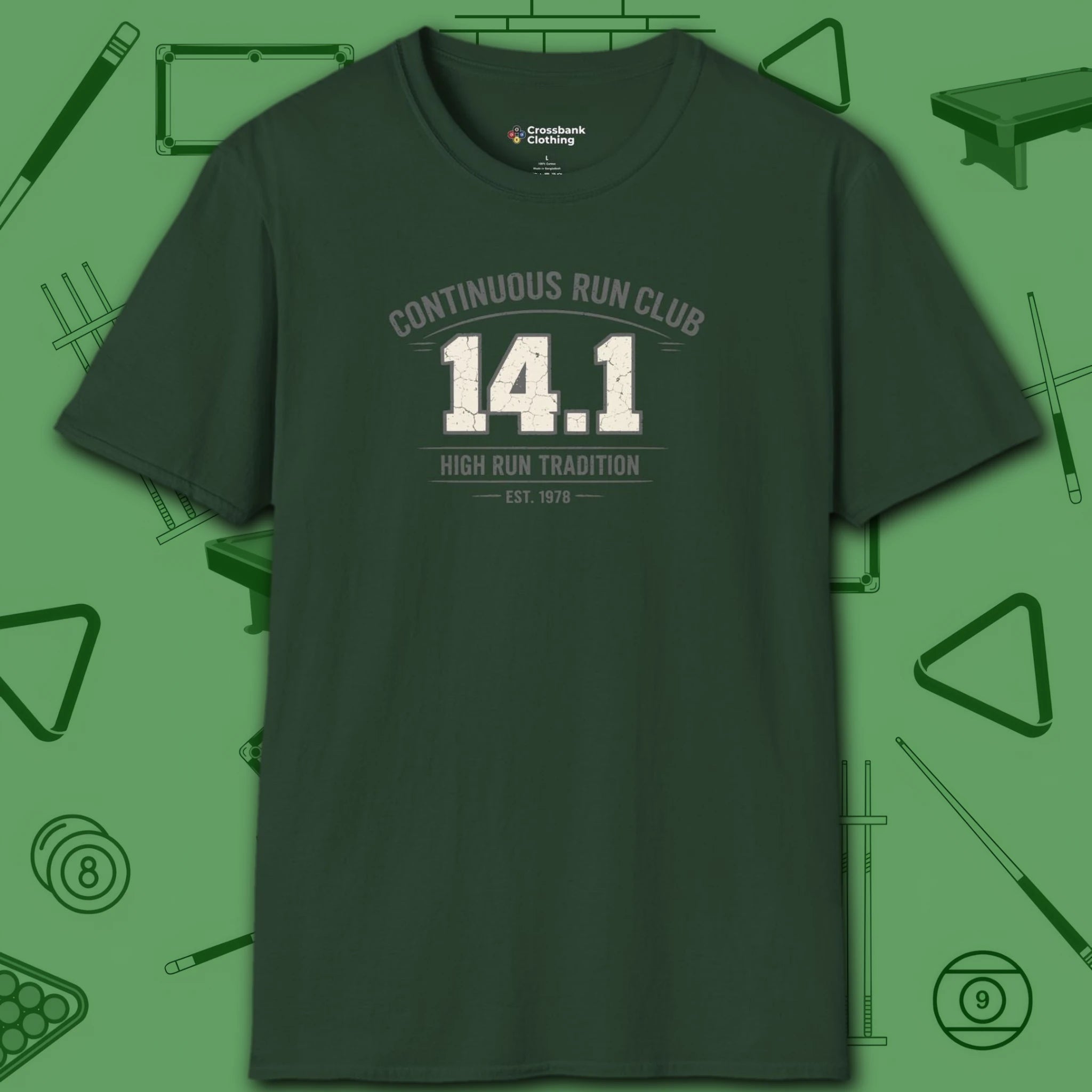 Continuous Run Club T-Shirt, in Forest Green color, billiards shirt, front view