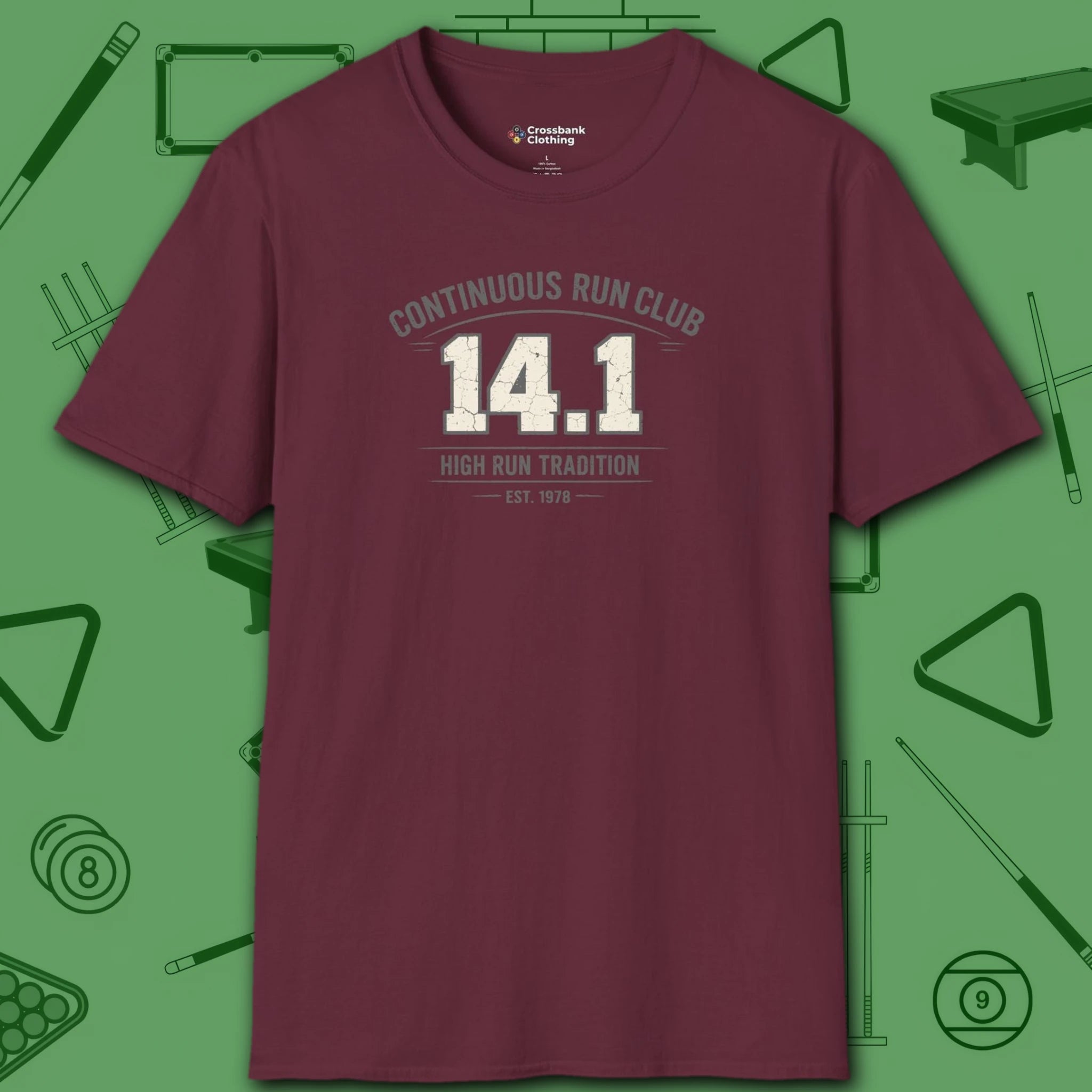 Continuous Run Club T-Shirt, in Maroon color, billiards shirt, front view