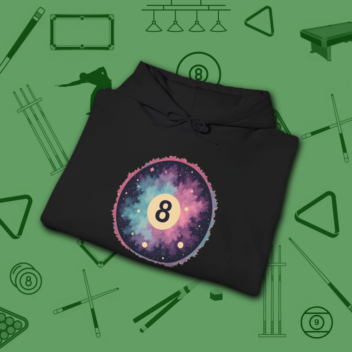 Cosmic 8-Ball Galaxy Hoodie, in Black color, billiards hoodie, folded view