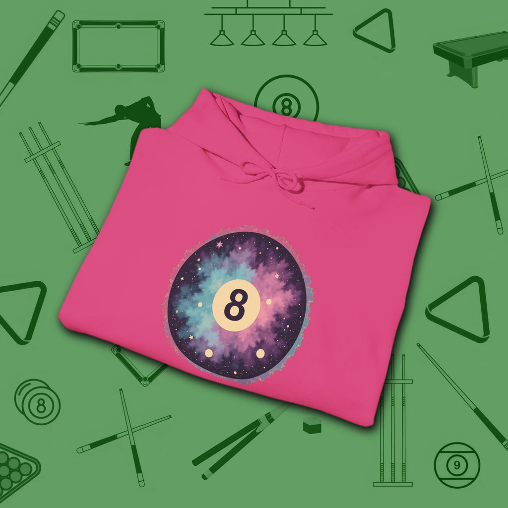 Cosmic 8-Ball Galaxy Hoodie, in Heliconia color, billiards hoodie, folded view