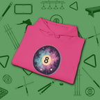 Cosmic 8-Ball Galaxy Hoodie, in Heliconia color, billiards hoodie, folded view