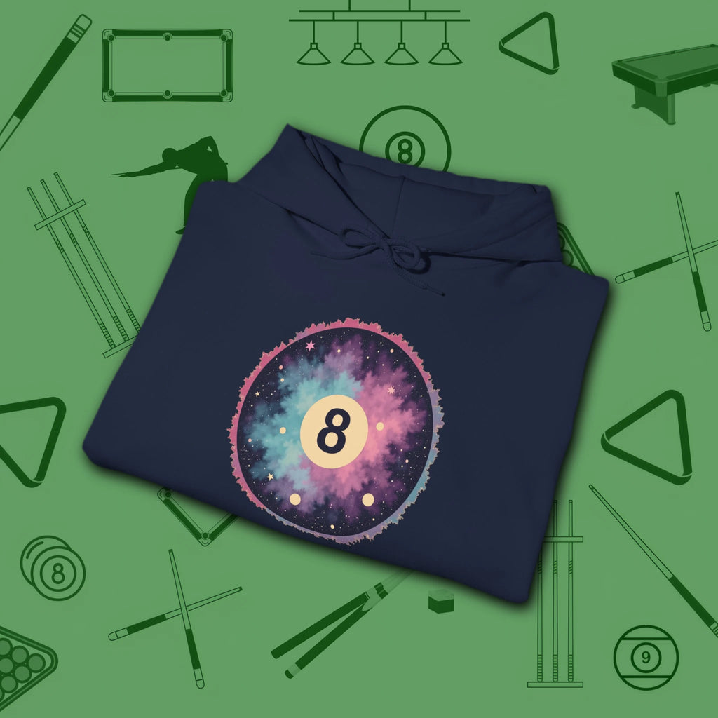 Cosmic 8-Ball Galaxy Hoodie, in Navy color, billiards hoodie, folded view