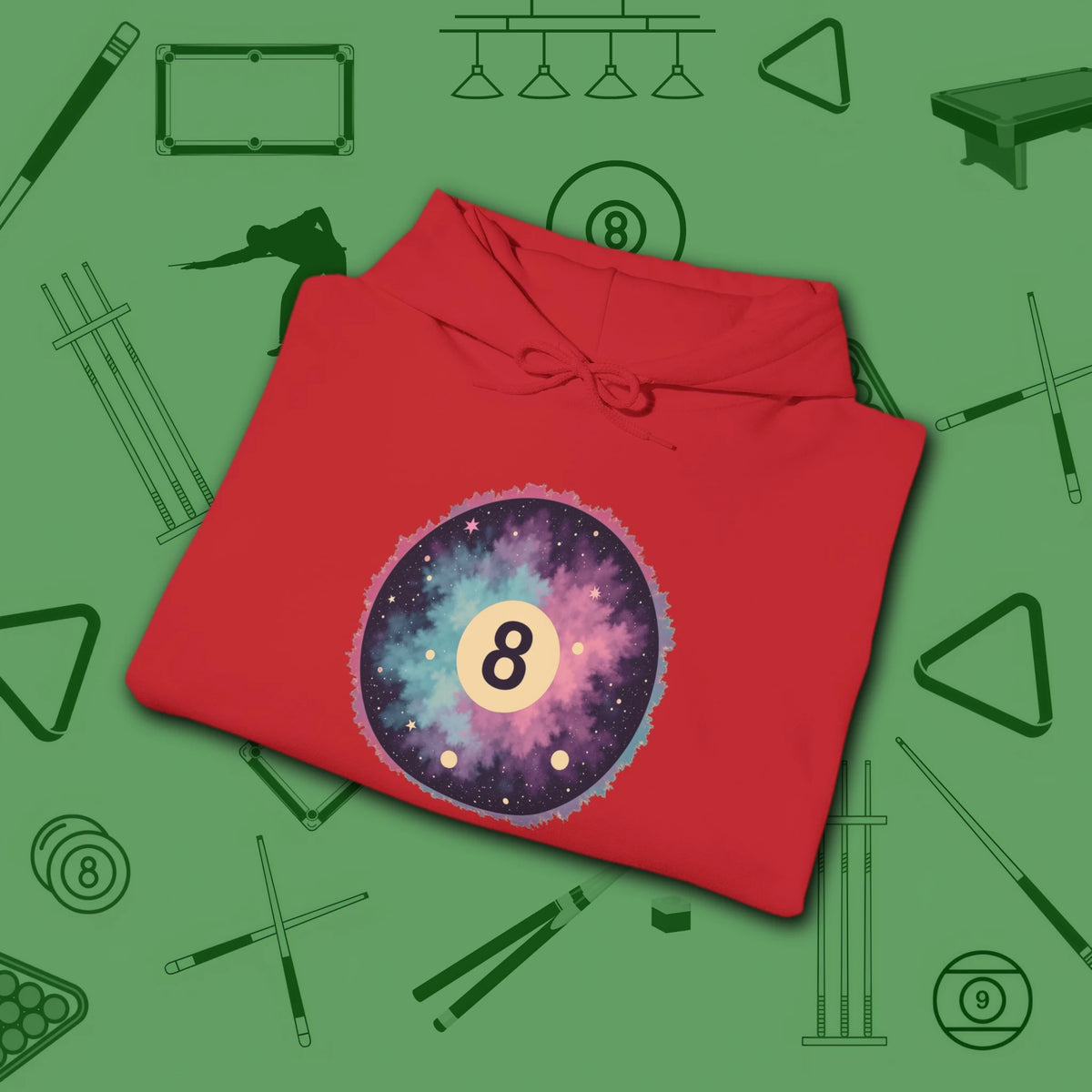 Cosmic 8-Ball Galaxy Hoodie, in Red color, billiards hoodie, folded view