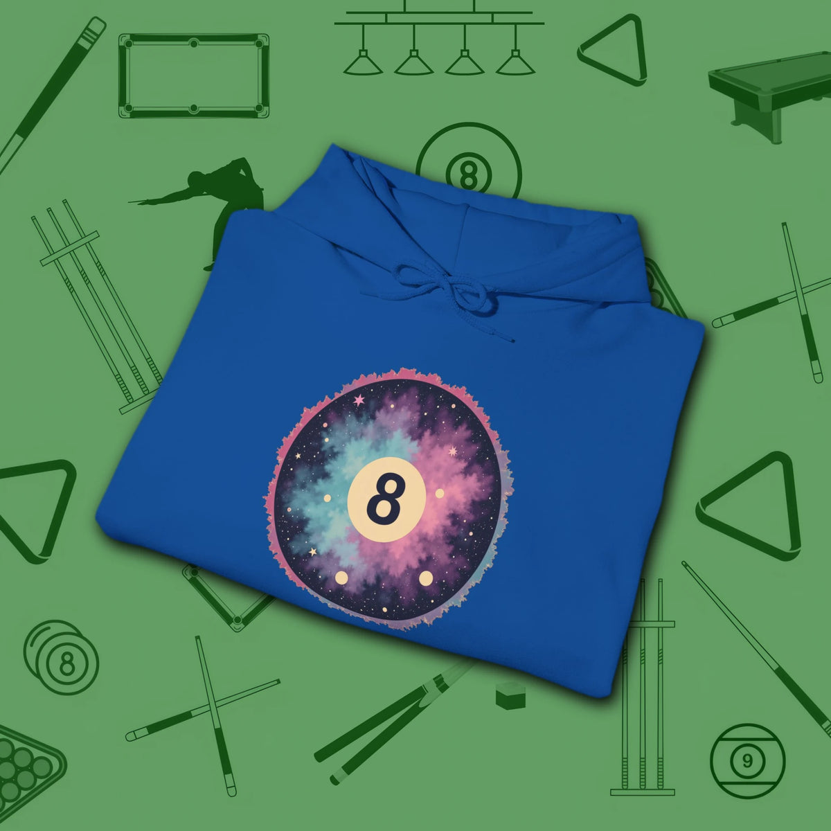 Cosmic 8-Ball Galaxy Hoodie, in Royal color, billiards hoodie, folded view