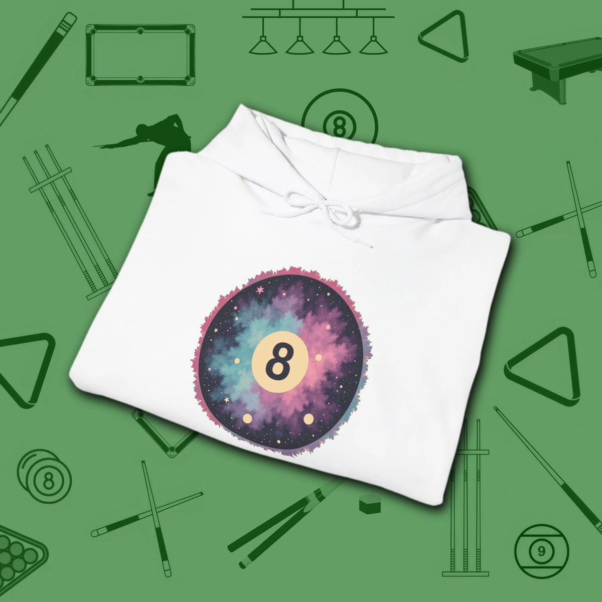 Cosmic 8-Ball Galaxy Hoodie, in White color, billiards hoodie, folded view