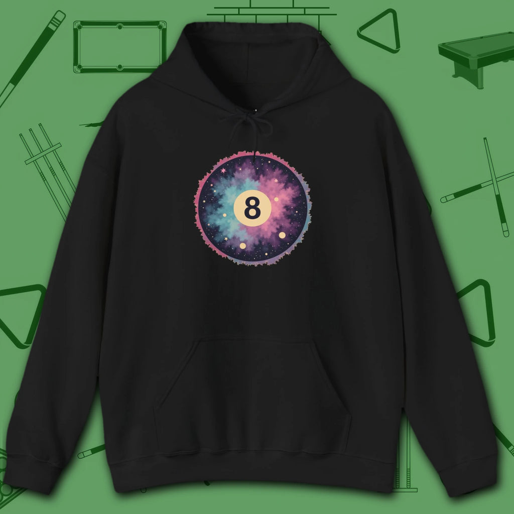 Cosmic 8-Ball Galaxy Hoodie, in Black color, billiards hoodie, front view