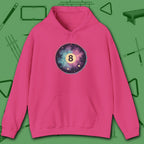 Cosmic 8-Ball Galaxy Hoodie, in Heliconia color, billiards hoodie, front view