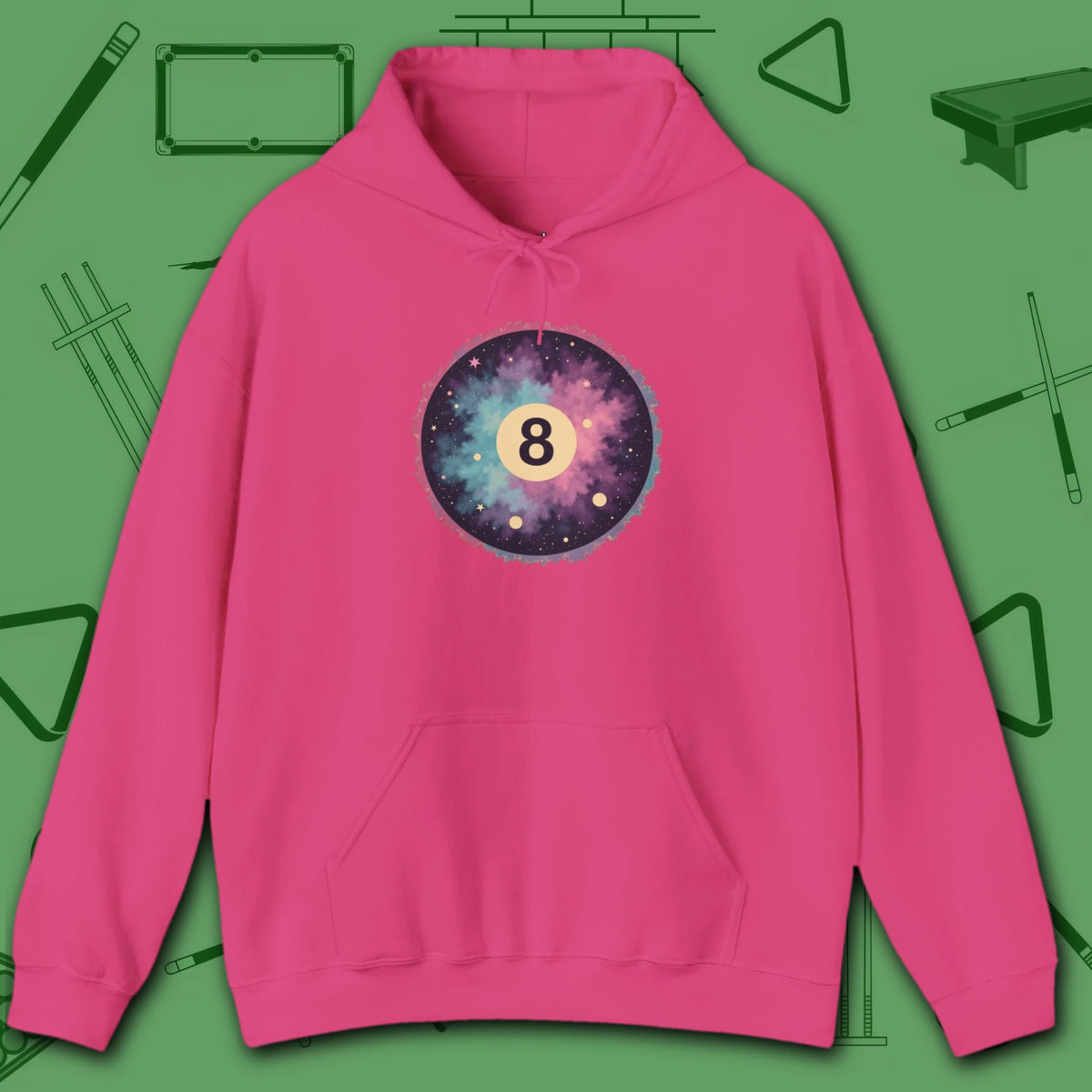 Cosmic 8-Ball Galaxy Hoodie, in Heliconia color, billiards hoodie, front view