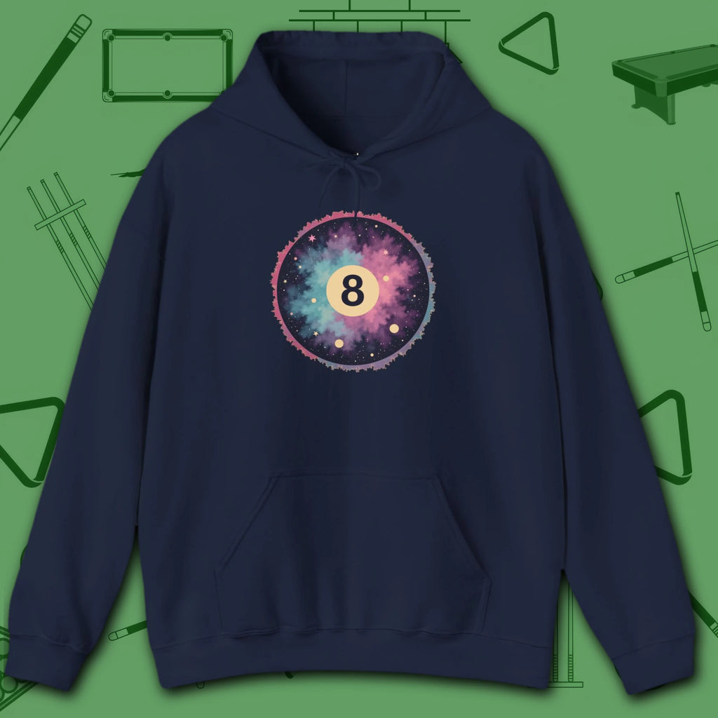 Cosmic 8-Ball Galaxy Hoodie, in Navy color, billiards hoodie, front view