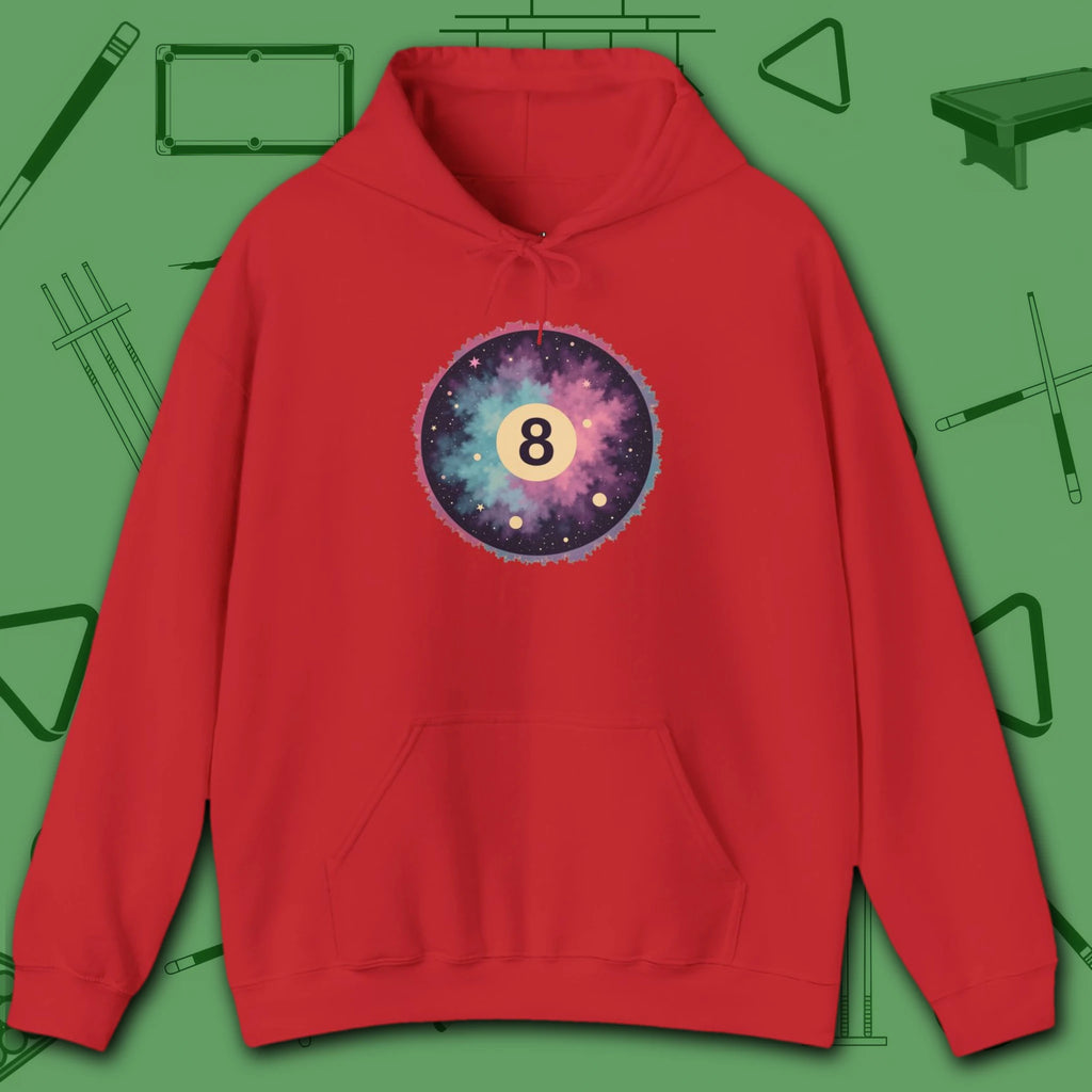 Cosmic 8-Ball Galaxy Hoodie, in Red color, billiards hoodie, front view