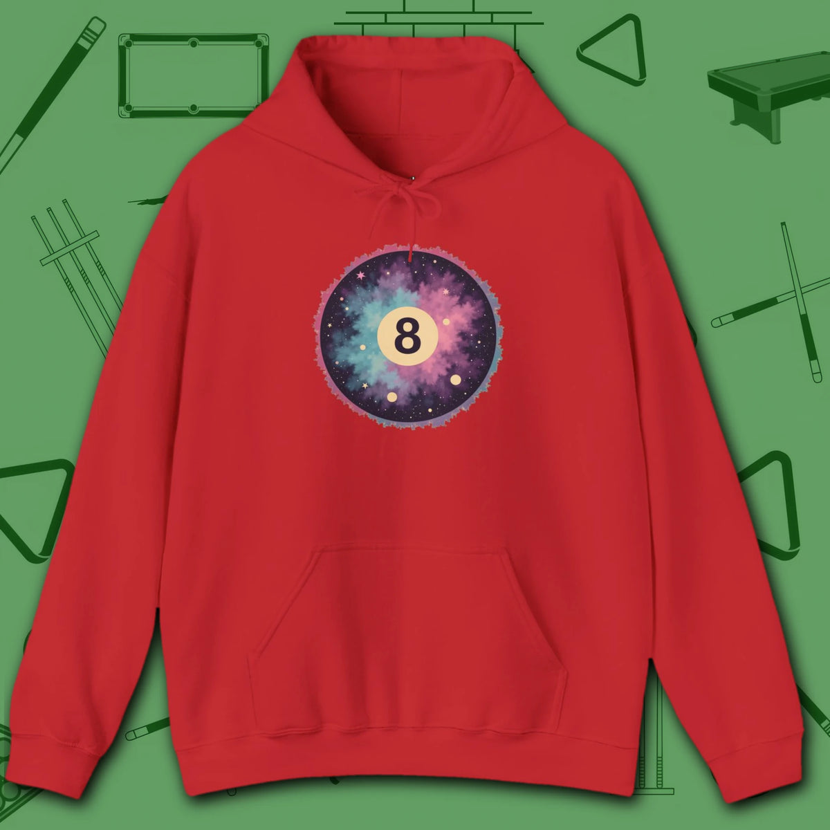 Cosmic 8-Ball Galaxy Hoodie, in Red color, billiards hoodie, front view