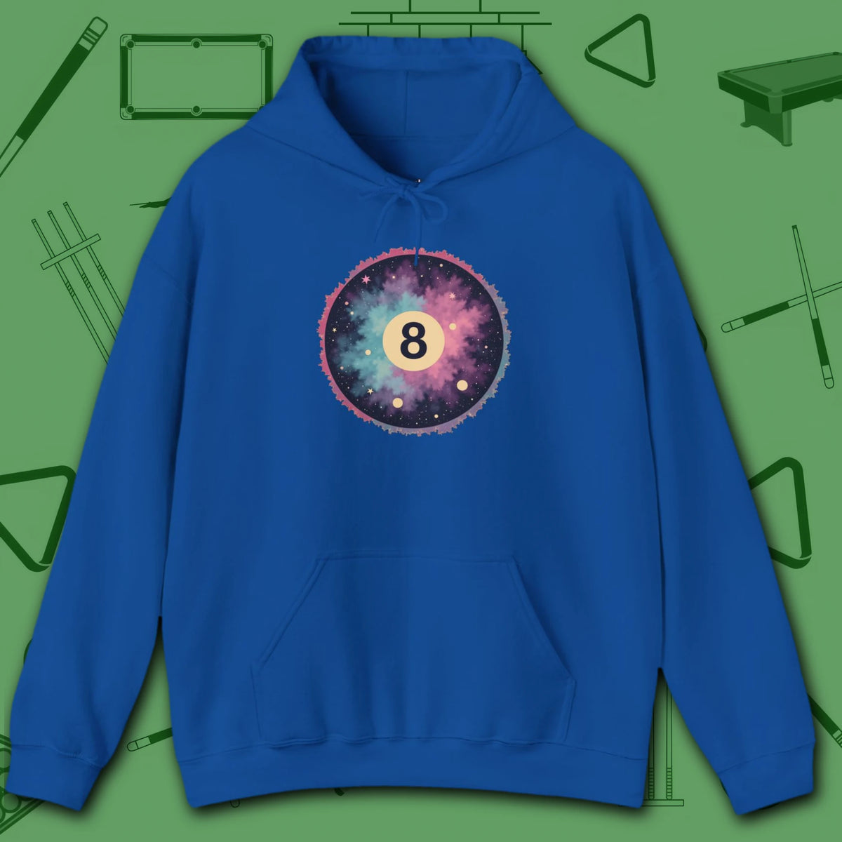 Cosmic 8-Ball Galaxy Hoodie, in Royal color, billiards hoodie, front view