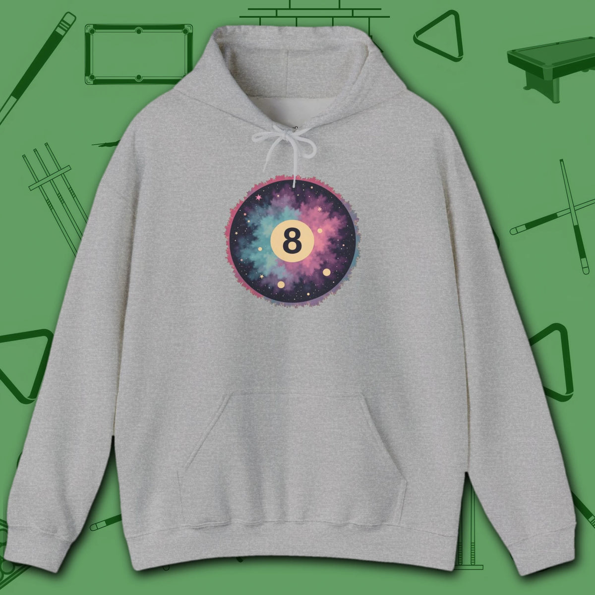 Cosmic 8-Ball Galaxy Hoodie, in Sport Grey color, billiards hoodie, front view