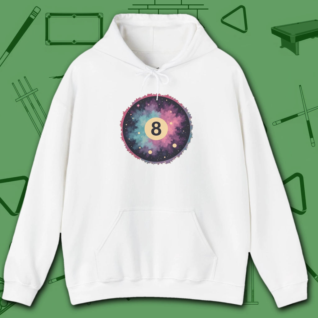 Cosmic 8-Ball Galaxy Hoodie, in White color, billiards hoodie, front view