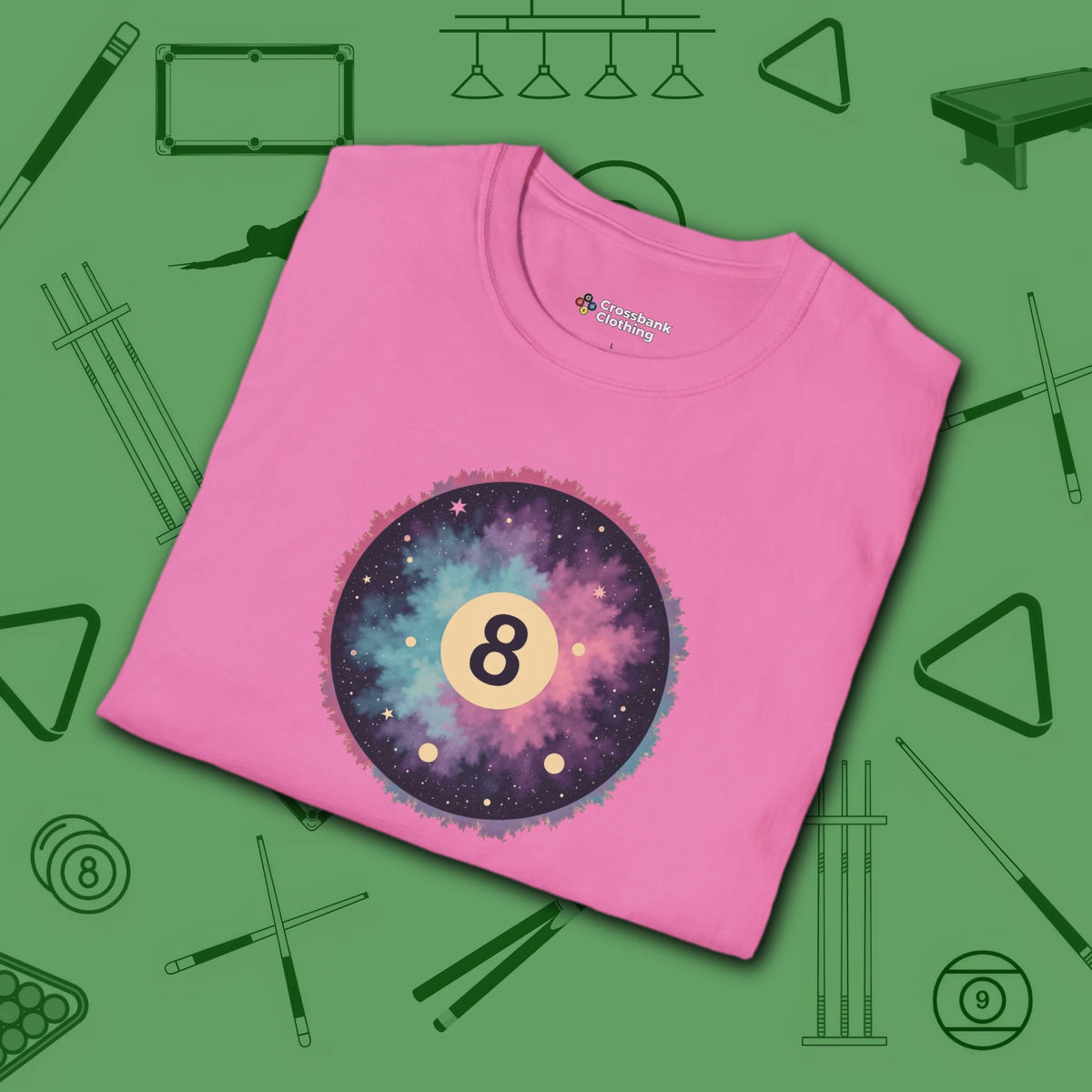 Cosmic 8-Ball Galaxy T-Shirt, in Azalea color, billiards shirt, folded view