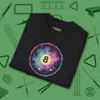 Cosmic 8-Ball Galaxy T-Shirt, in Black color, billiards shirt, folded view