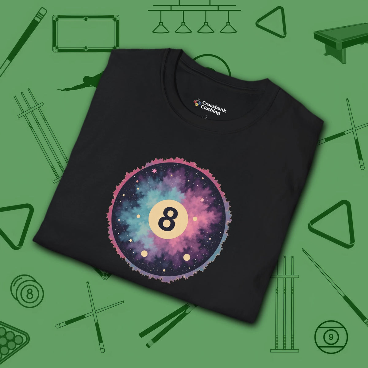 Cosmic 8-Ball Galaxy T-Shirt, in Black color, billiards shirt, folded view