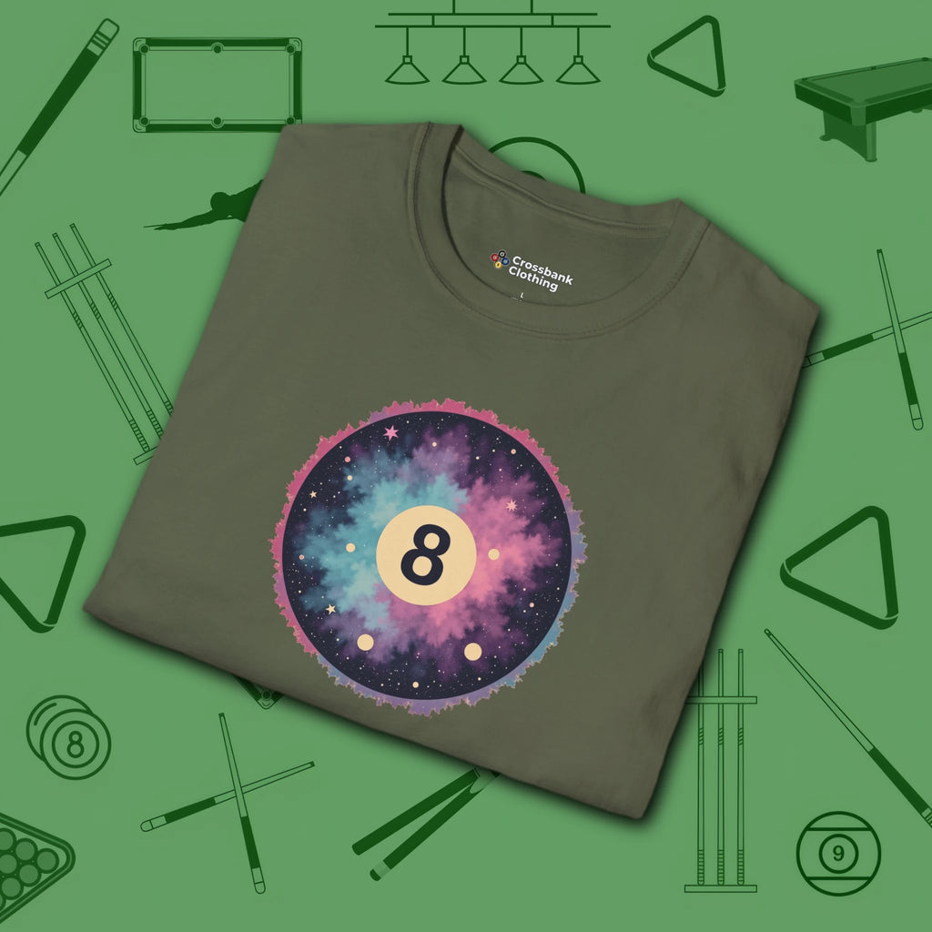 Cosmic 8-Ball Galaxy T-Shirt, in Military Green color, billiards shirt, folded view