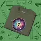 Cosmic 8-Ball Galaxy T-Shirt, in Military Green color, billiards shirt, folded view