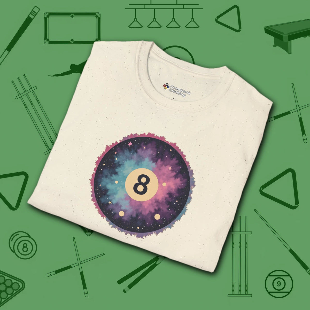 Cosmic 8-Ball Galaxy T-Shirt, in Natural color, billiards shirt, folded view