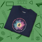 Cosmic 8-Ball Galaxy T-Shirt, in Navy color, billiards shirt, folded view