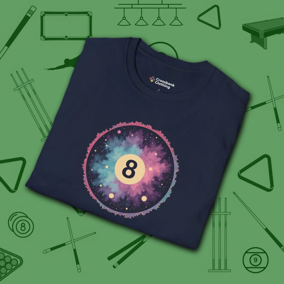 Cosmic 8-Ball Galaxy T-Shirt, in Navy color, billiards shirt, folded view