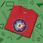 Cosmic 8-Ball Galaxy T-Shirt, in Red color, billiards shirt, folded view