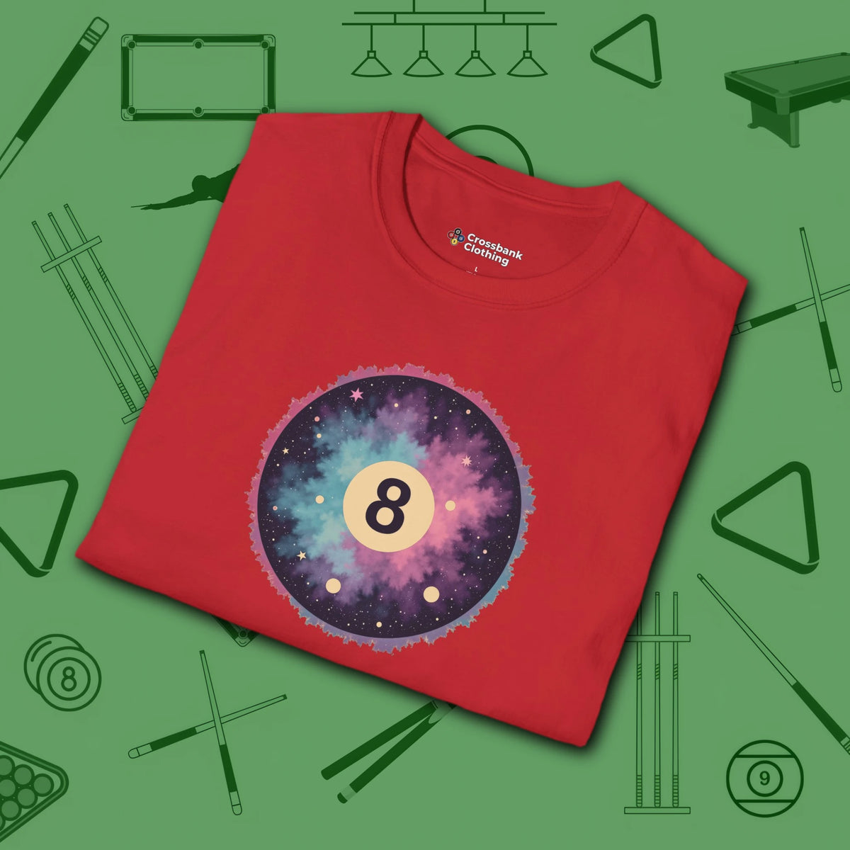 Cosmic 8-Ball Galaxy T-Shirt, in Red color, billiards shirt, folded view