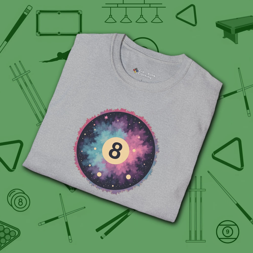 Cosmic 8-Ball Galaxy T-Shirt, in Sport Grey color, billiards shirt, folded view