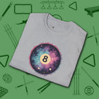 Cosmic 8-Ball Galaxy T-Shirt, in Sport Grey color, billiards shirt, folded view