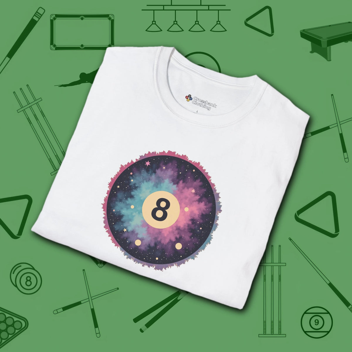 Cosmic 8-Ball Galaxy T-Shirt, in White color, billiards shirt, folded view
