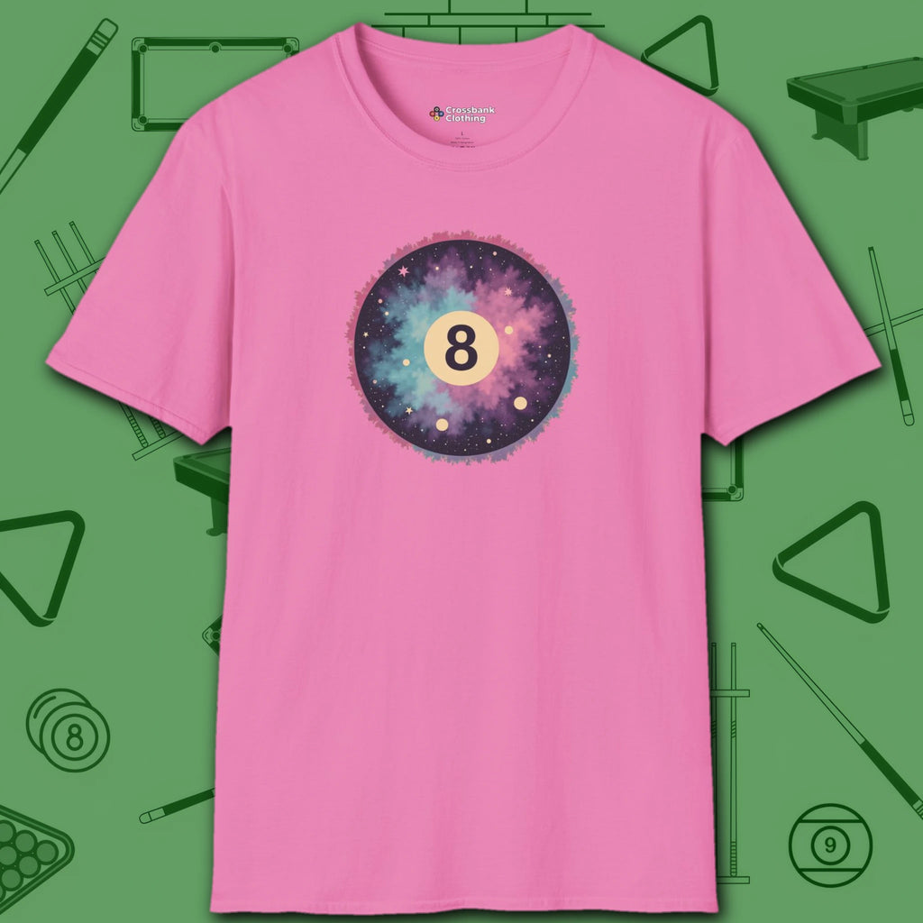 Cosmic 8-Ball Galaxy T-Shirt, in Azalea color, billiards shirt, front view