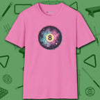 Cosmic 8-Ball Galaxy T-Shirt, in Azalea color, billiards shirt, front view