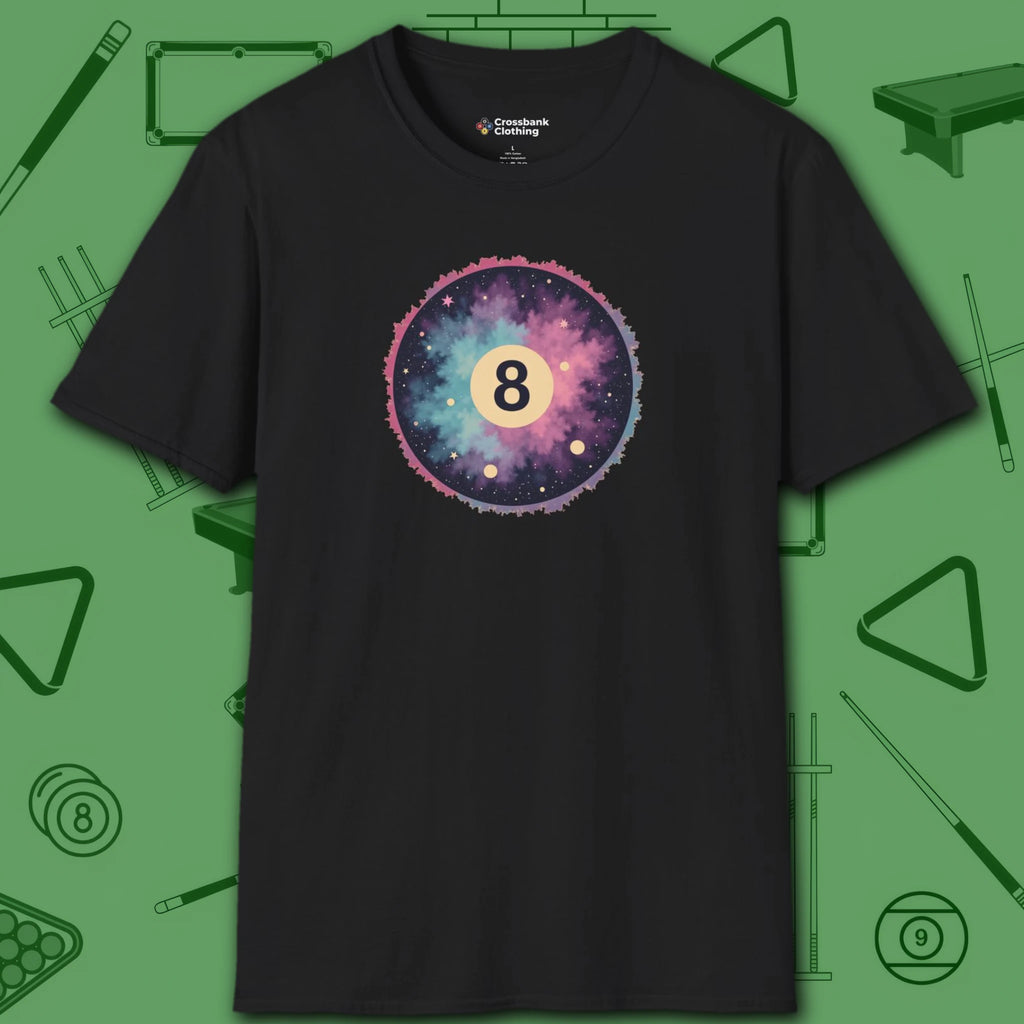 Cosmic 8-Ball Galaxy T-Shirt, in Black color, billiards shirt, front view
