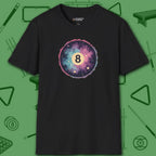 Cosmic 8-Ball Galaxy T-Shirt, in Black color, billiards shirt, front view