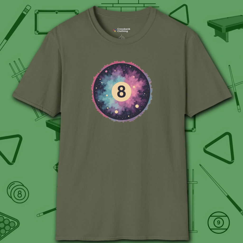 Cosmic 8-Ball Galaxy T-Shirt, in Military Green color, billiards shirt, front view